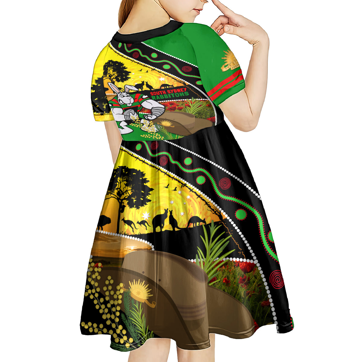 Rabbitohs ANZAC Day Kid Short Sleeve Dress Souths Mascot Rosemary Starring Night Style