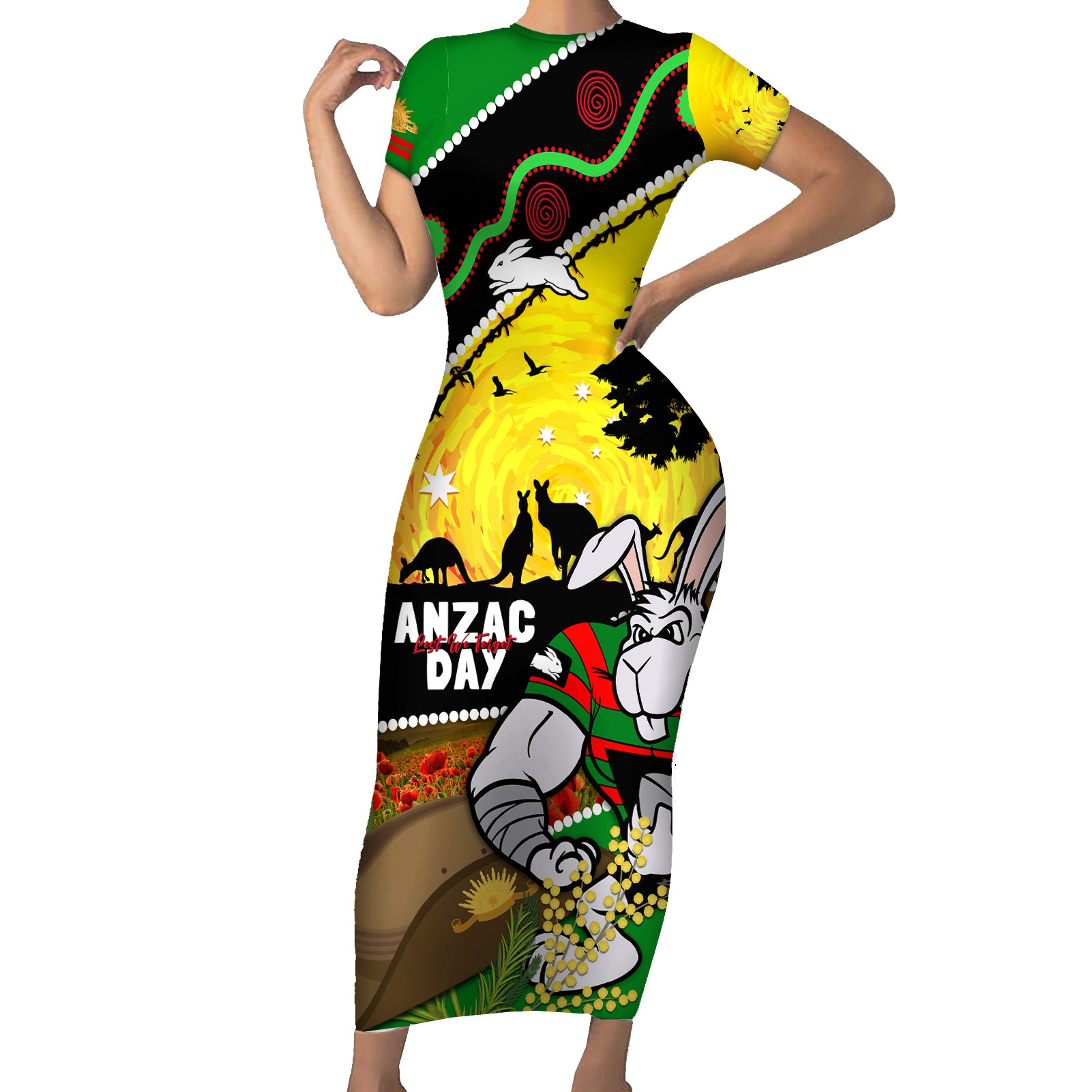 Rabbitohs ANZAC Day Short Sleeve Bodycon Dress Souths Mascot Rosemary Starring Night Style