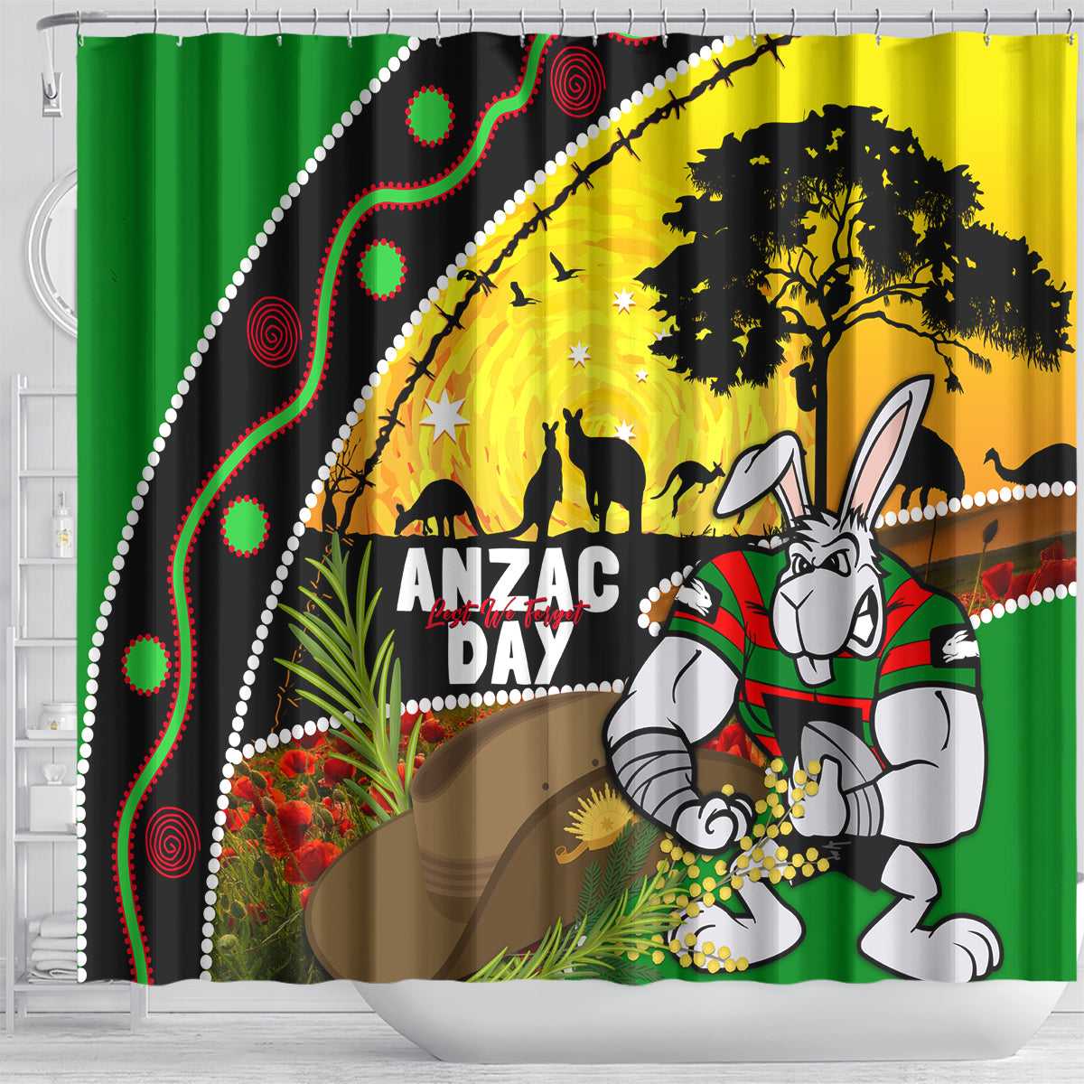 Rabbitohs ANZAC Day Shower Curtain Souths Mascot Rosemary Starring Night Style
