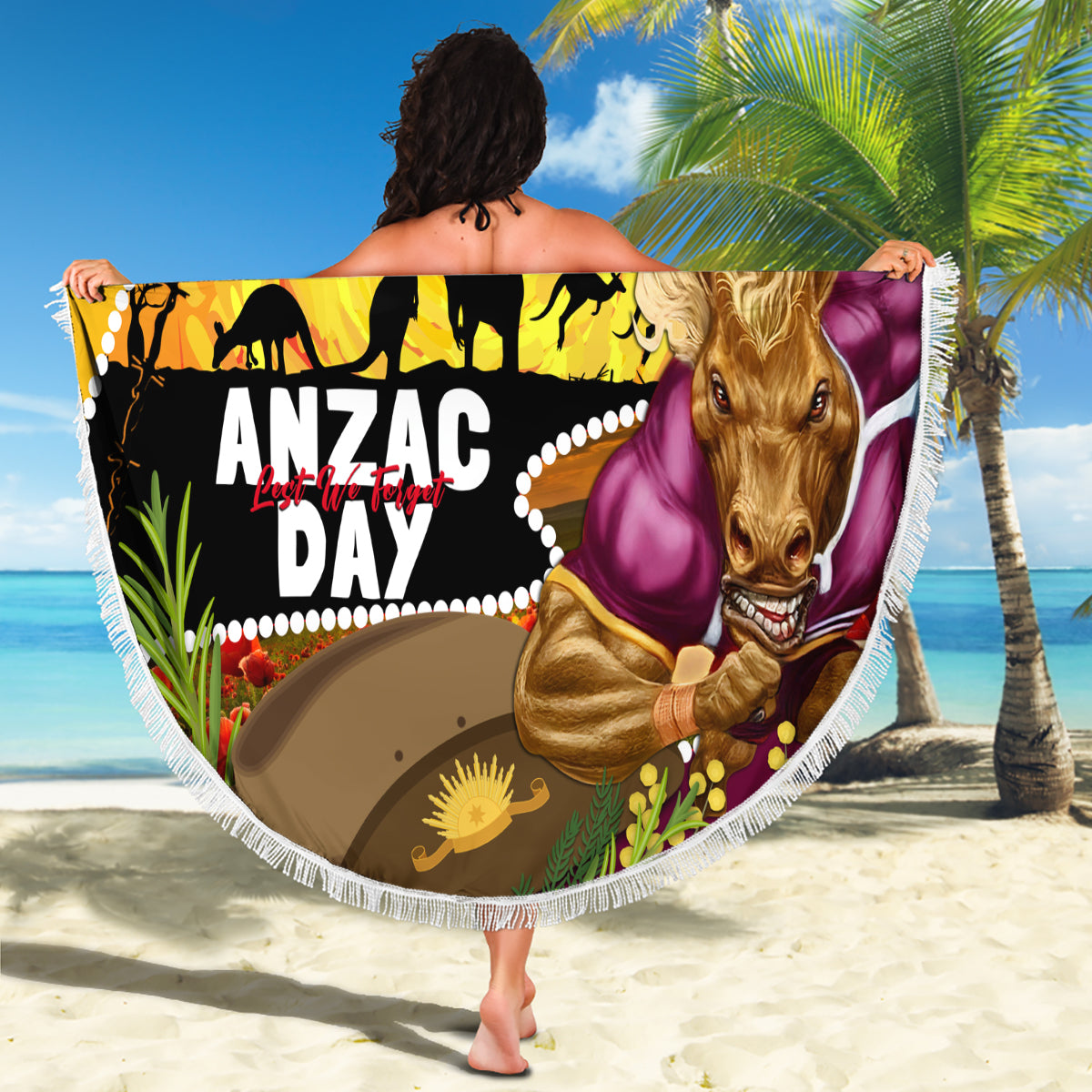Broncos ANZAC Day Beach Blanket Mascot Rosemary Starring Night Style