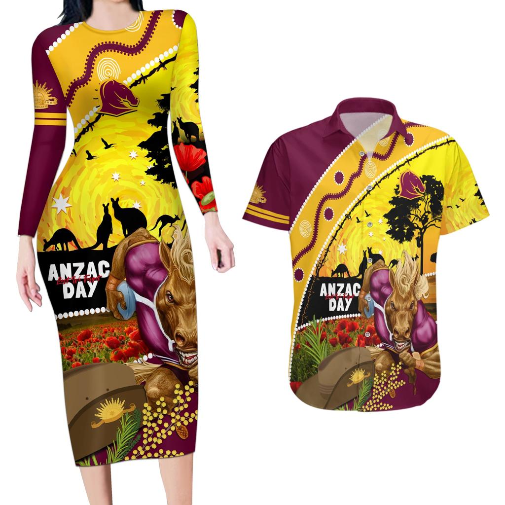 Broncos ANZAC Day Couples Matching Long Sleeve Bodycon Dress and Hawaiian Shirt Mascot Rosemary Starring Night Style