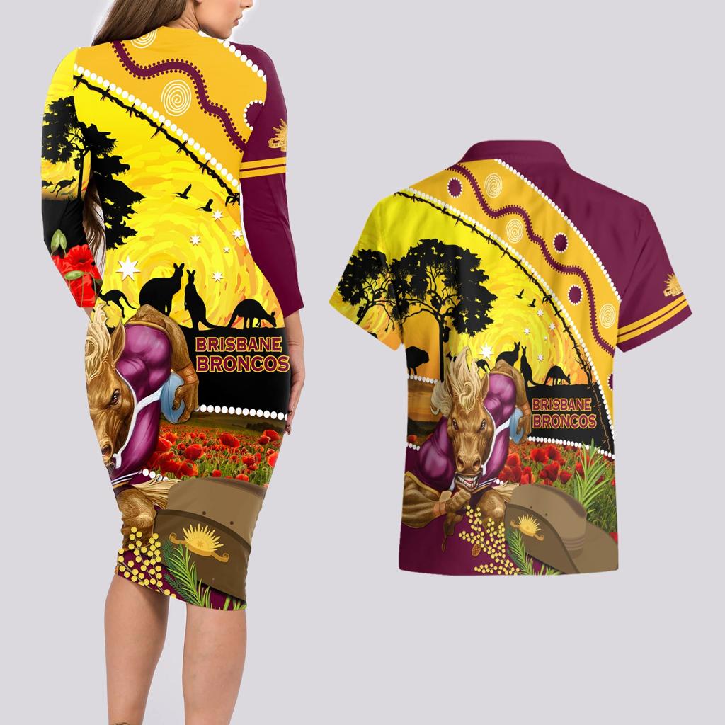 Broncos ANZAC Day Couples Matching Long Sleeve Bodycon Dress and Hawaiian Shirt Mascot Rosemary Starring Night Style