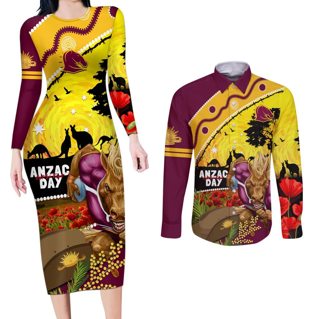Broncos ANZAC Day Couples Matching Long Sleeve Bodycon Dress and Long Sleeve Button Shirt Mascot Rosemary Starring Night Style
