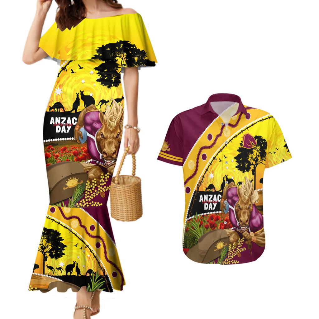 Broncos ANZAC Day Couples Matching Mermaid Dress and Hawaiian Shirt Mascot Rosemary Starring Night Style