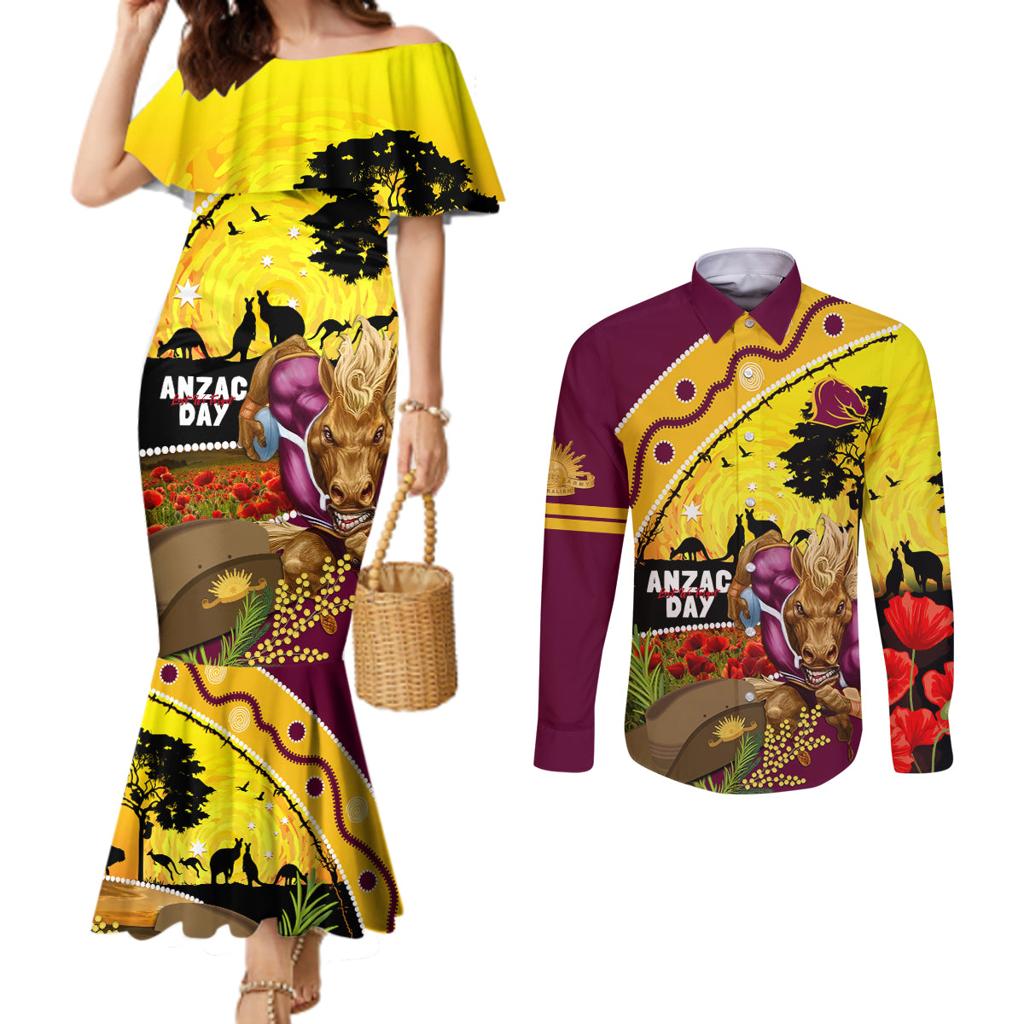 Broncos ANZAC Day Couples Matching Mermaid Dress and Long Sleeve Button Shirt Mascot Rosemary Starring Night Style