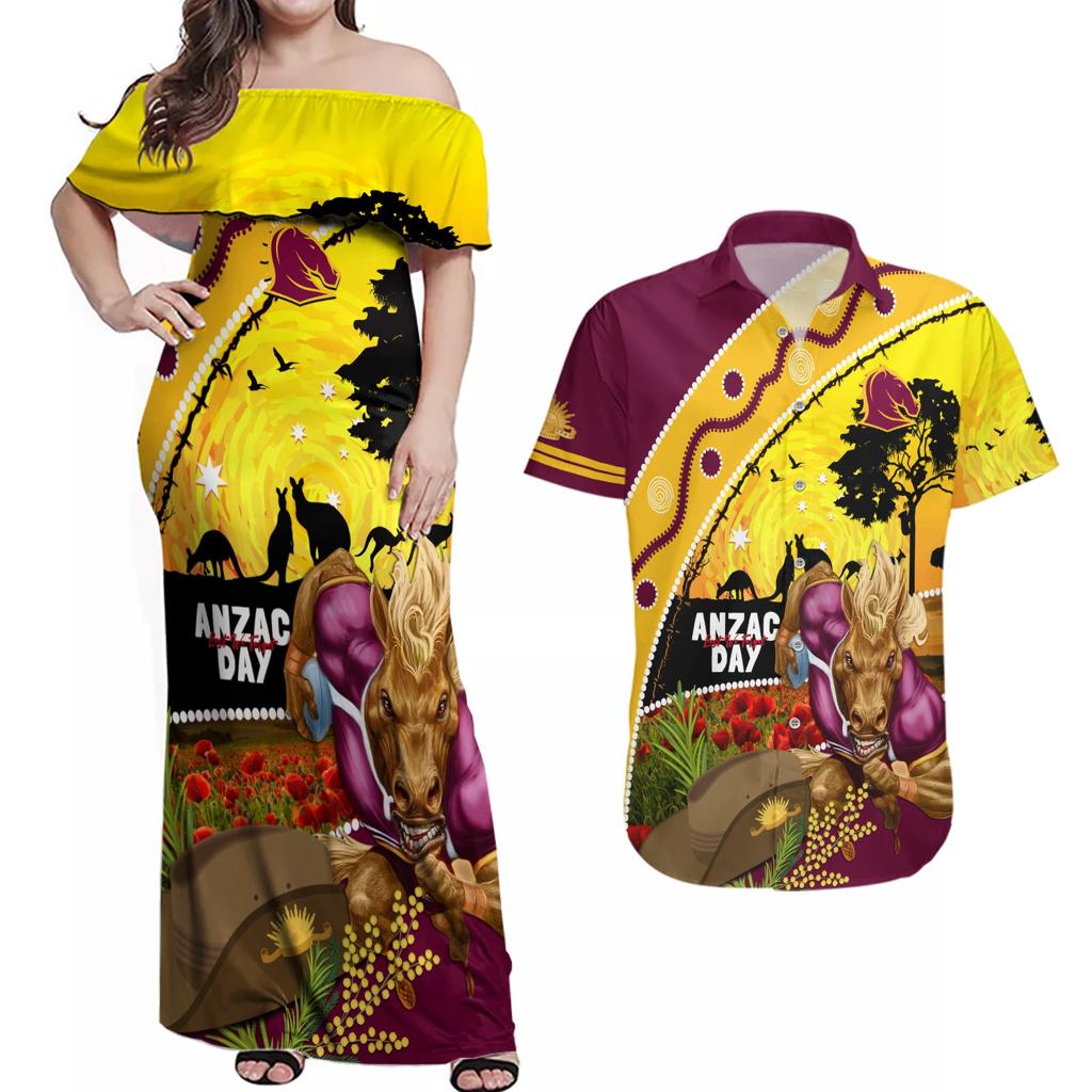 Broncos ANZAC Day Couples Matching Off Shoulder Maxi Dress and Hawaiian Shirt Mascot Rosemary Starring Night Style