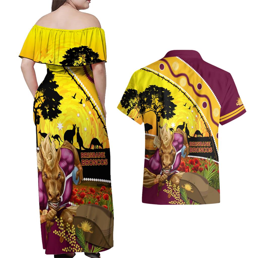 Broncos ANZAC Day Couples Matching Off Shoulder Maxi Dress and Hawaiian Shirt Mascot Rosemary Starring Night Style
