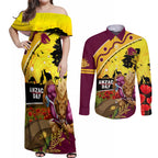 Broncos ANZAC Day Couples Matching Off Shoulder Maxi Dress and Long Sleeve Button Shirt Mascot Rosemary Starring Night Style