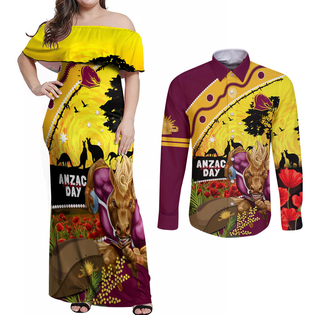 Broncos ANZAC Day Couples Matching Off Shoulder Maxi Dress and Long Sleeve Button Shirt Mascot Rosemary Starring Night Style