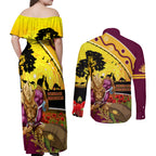 Broncos ANZAC Day Couples Matching Off Shoulder Maxi Dress and Long Sleeve Button Shirt Mascot Rosemary Starring Night Style