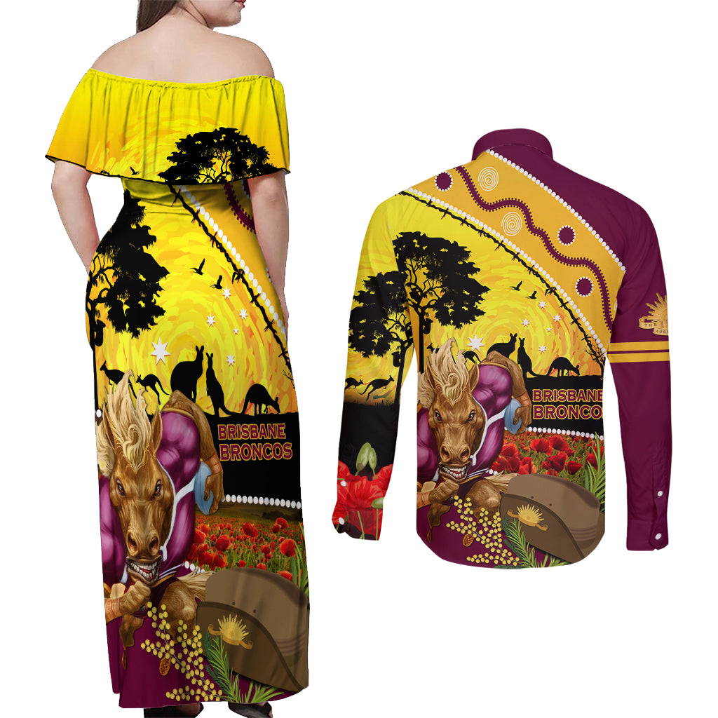 Broncos ANZAC Day Couples Matching Off Shoulder Maxi Dress and Long Sleeve Button Shirt Mascot Rosemary Starring Night Style