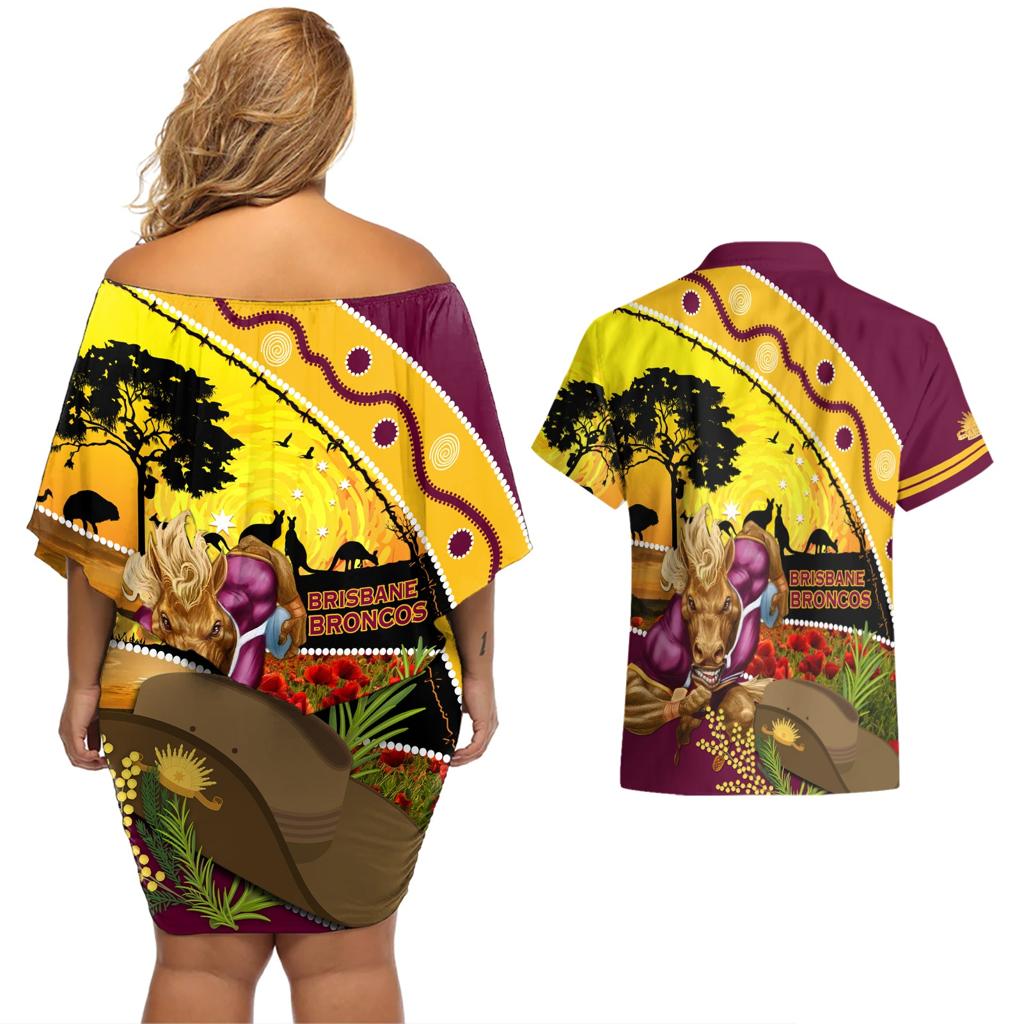 Broncos ANZAC Day Couples Matching Off Shoulder Short Dress and Hawaiian Shirt Mascot Rosemary Starring Night Style