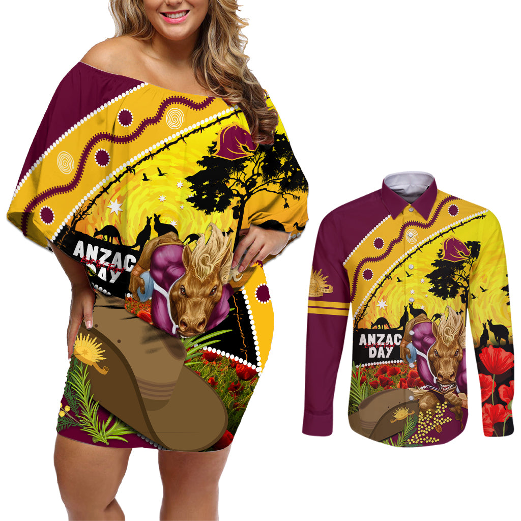 Broncos ANZAC Day Couples Matching Off Shoulder Short Dress and Long Sleeve Button Shirt Mascot Rosemary Starring Night Style