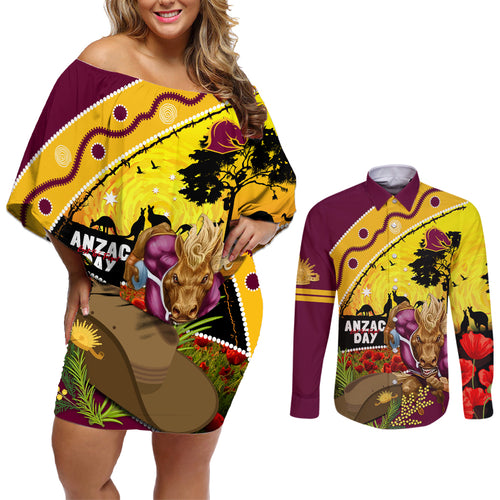 Broncos ANZAC Day Couples Matching Off Shoulder Short Dress and Long Sleeve Button Shirt Mascot Rosemary Starring Night Style