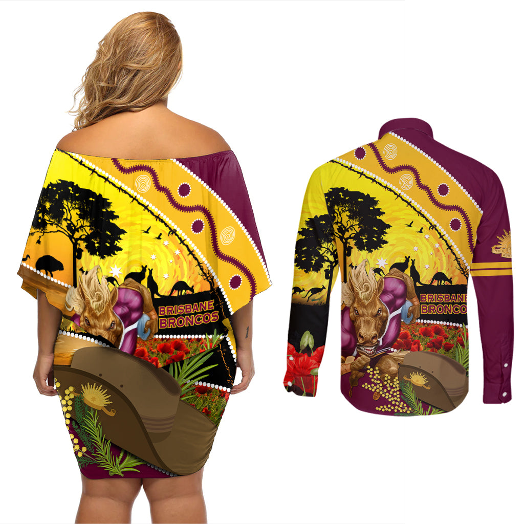 Broncos ANZAC Day Couples Matching Off Shoulder Short Dress and Long Sleeve Button Shirt Mascot Rosemary Starring Night Style