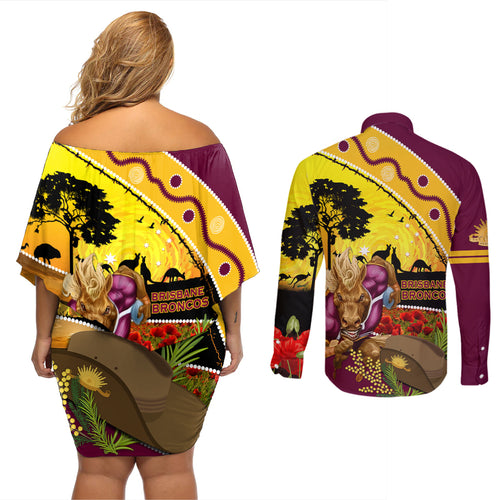 Broncos ANZAC Day Couples Matching Off Shoulder Short Dress and Long Sleeve Button Shirt Mascot Rosemary Starring Night Style