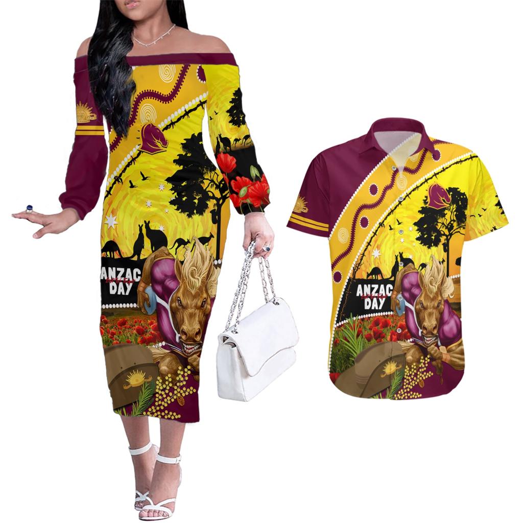 Broncos ANZAC Day Couples Matching Off The Shoulder Long Sleeve Dress and Hawaiian Shirt Mascot Rosemary Starring Night Style