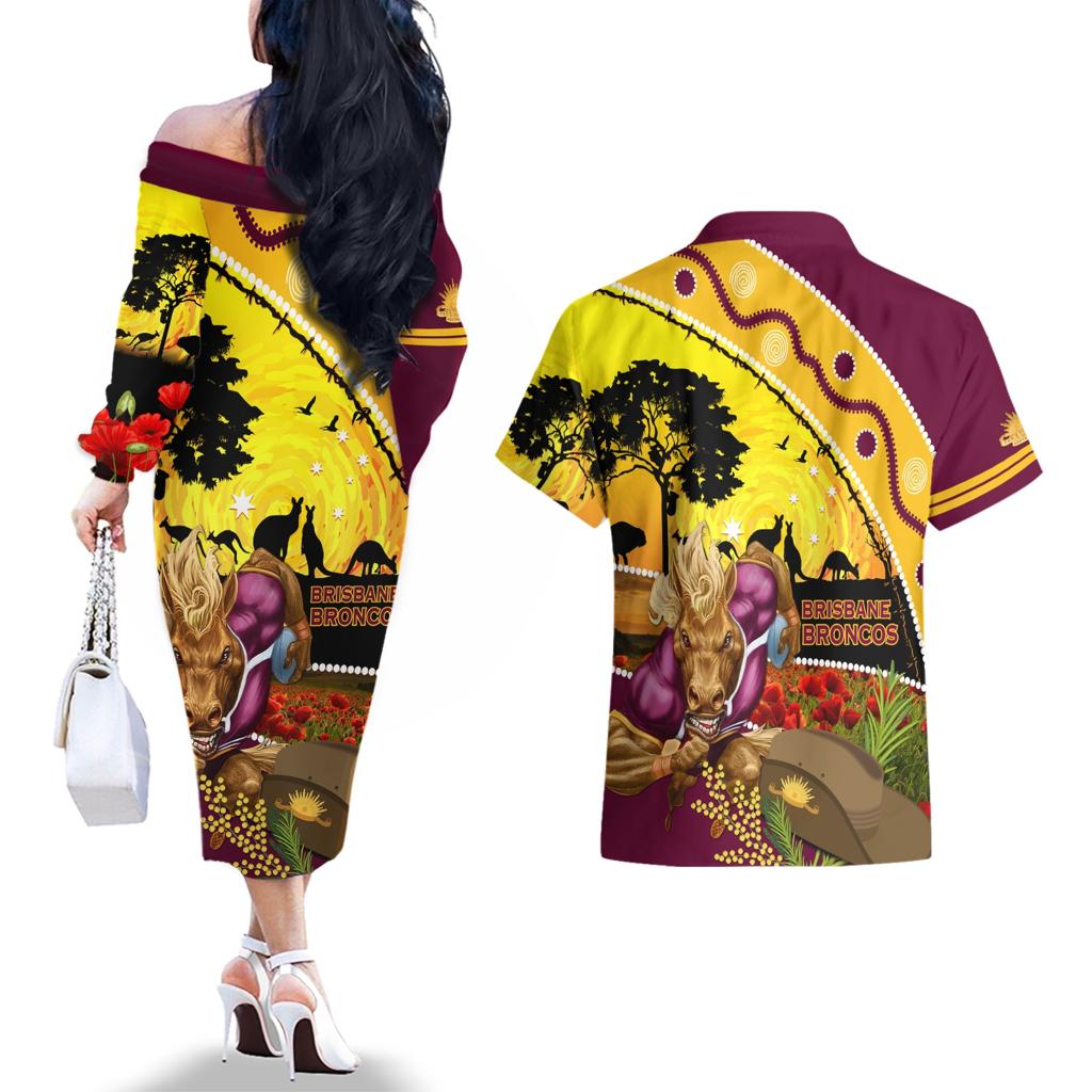 Broncos ANZAC Day Couples Matching Off The Shoulder Long Sleeve Dress and Hawaiian Shirt Mascot Rosemary Starring Night Style