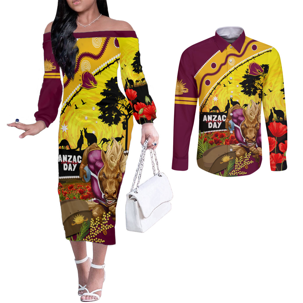 Broncos ANZAC Day Couples Matching Off The Shoulder Long Sleeve Dress and Long Sleeve Button Shirt Mascot Rosemary Starring Night Style