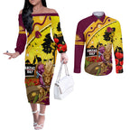 Broncos ANZAC Day Couples Matching Off The Shoulder Long Sleeve Dress and Long Sleeve Button Shirt Mascot Rosemary Starring Night Style