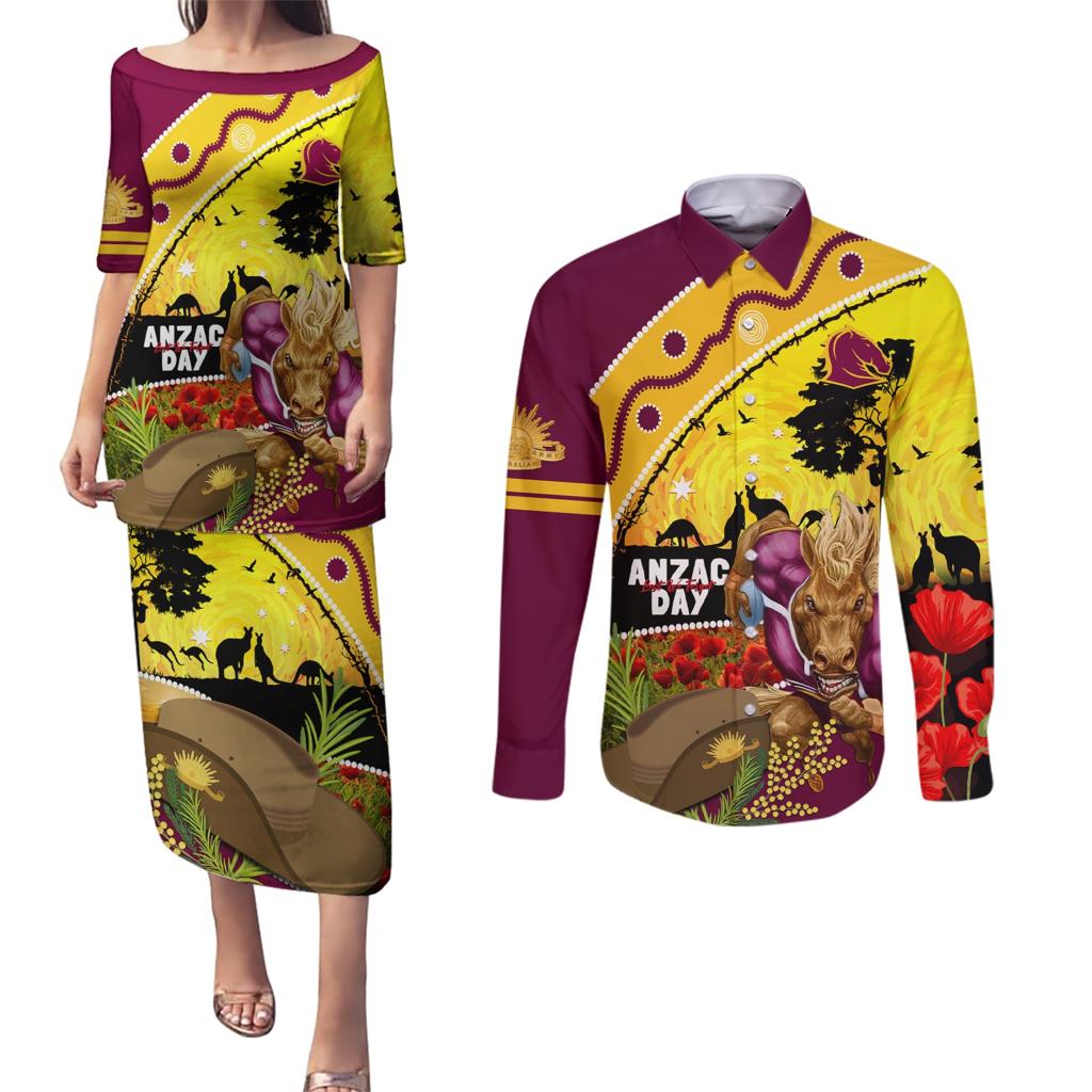 Broncos ANZAC Day Couples Matching Puletasi and Long Sleeve Button Shirt Mascot Rosemary Starring Night Style