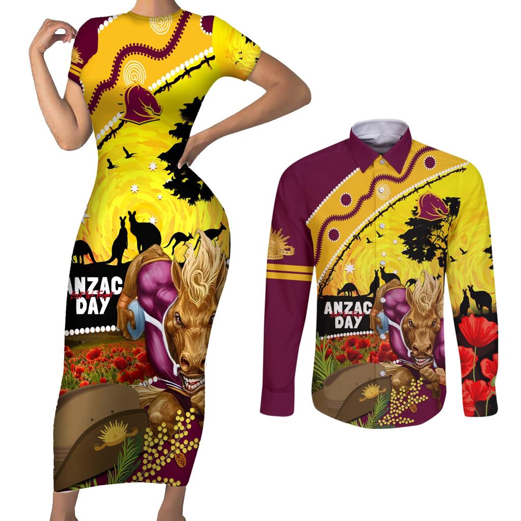 Broncos ANZAC Day Couples Matching Short Sleeve Bodycon Dress and Long Sleeve Button Shirt Mascot Rosemary Starring Night Style