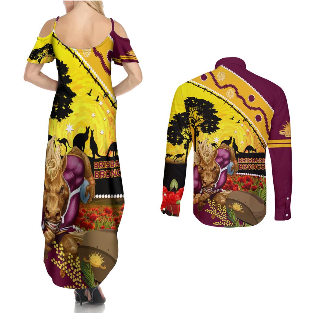Broncos ANZAC Day Couples Matching Summer Maxi Dress and Long Sleeve Button Shirt Mascot Rosemary Starring Night Style