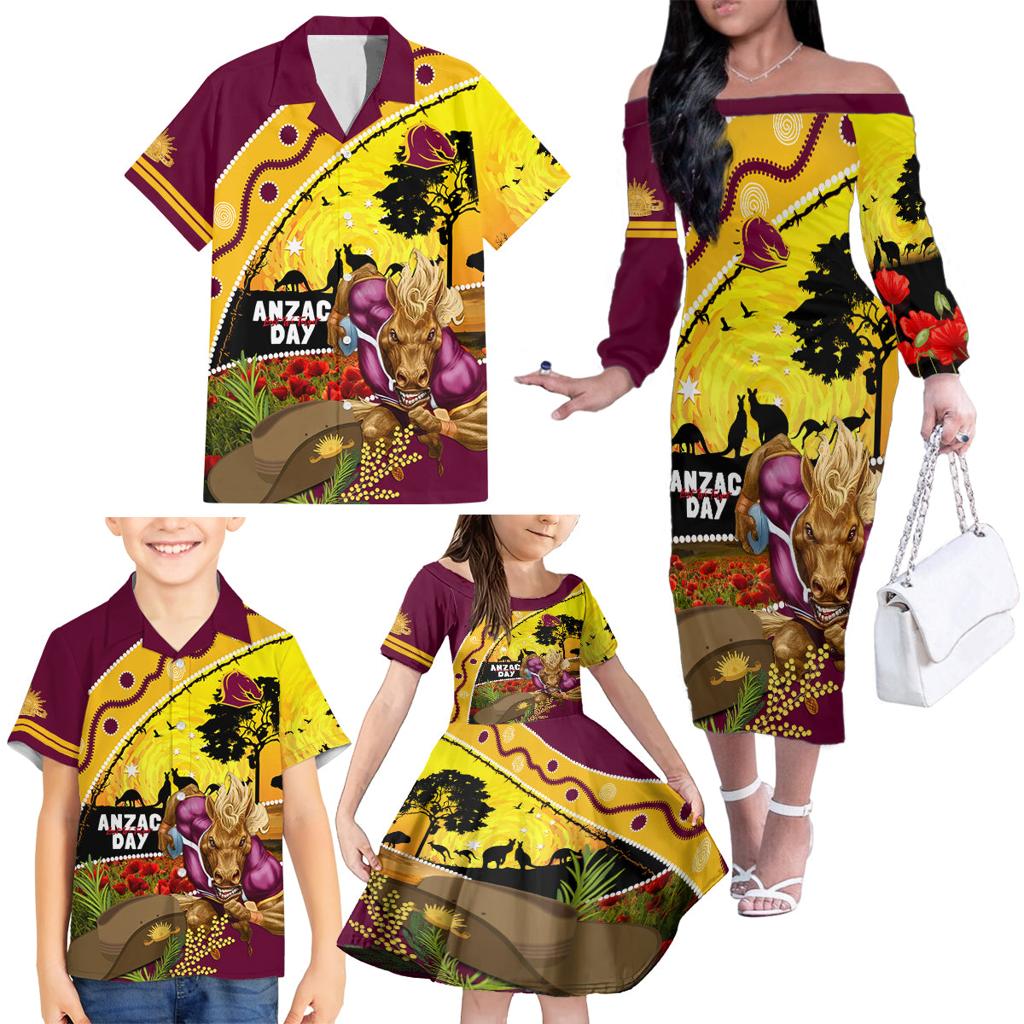 Broncos ANZAC Day Family Matching Off Shoulder Long Sleeve Dress and Hawaiian Shirt Mascot Rosemary Starring Night Style