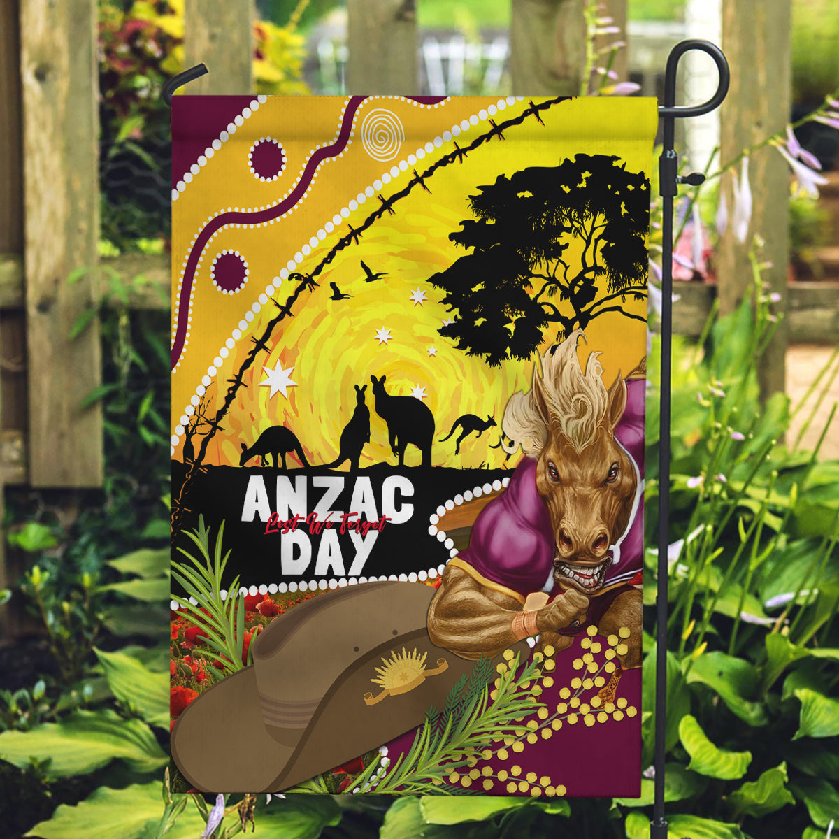 Broncos ANZAC Day Garden Flag Mascot Rosemary Starring Night Style