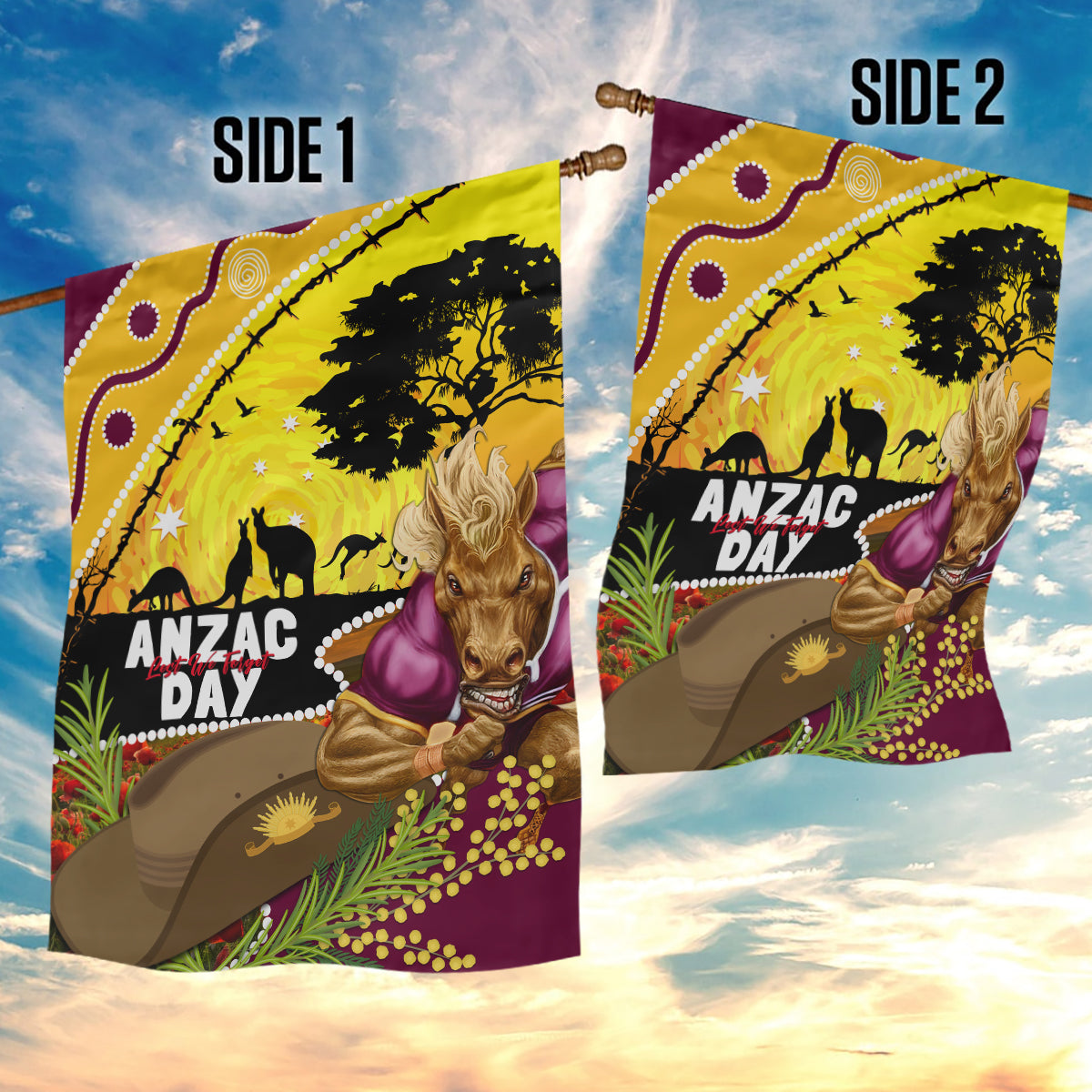 Broncos ANZAC Day Garden Flag Mascot Rosemary Starring Night Style