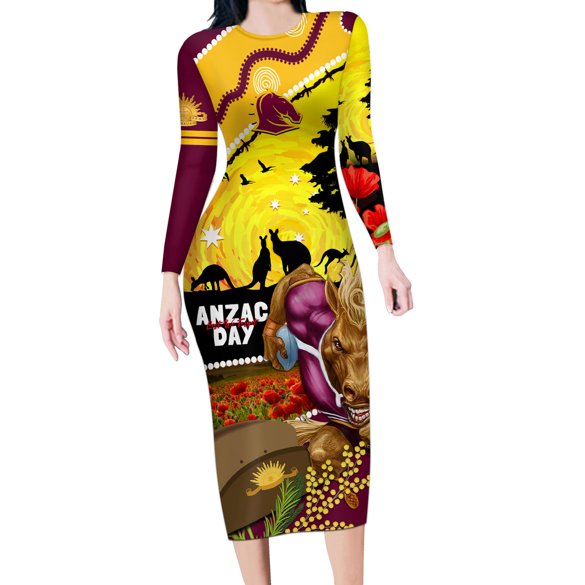 Broncos ANZAC Day Long Sleeve Bodycon Dress Mascot Rosemary Starring Night Style
