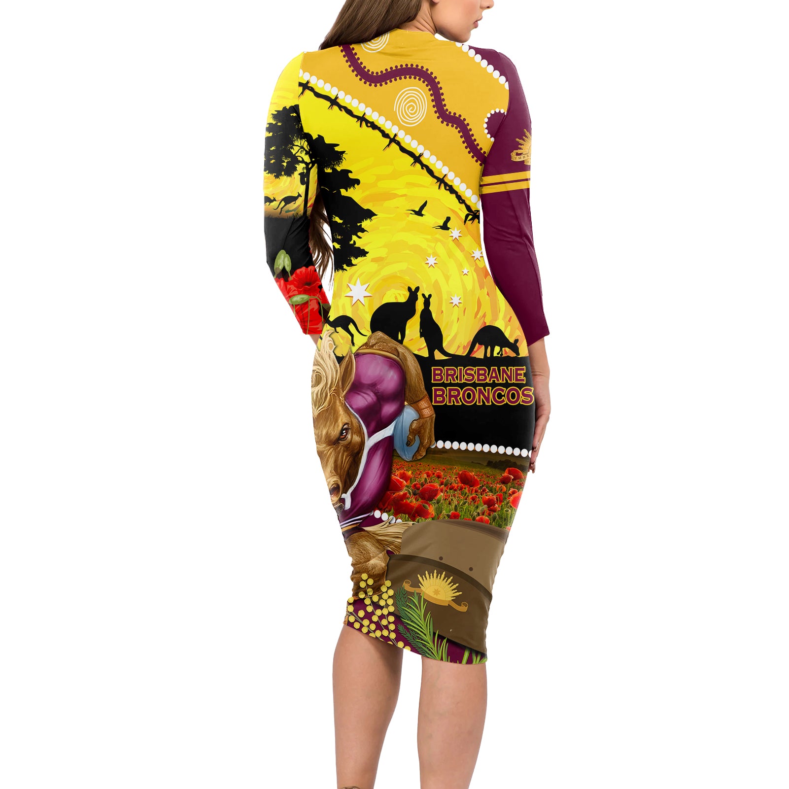 Broncos ANZAC Day Long Sleeve Bodycon Dress Mascot Rosemary Starring Night Style
