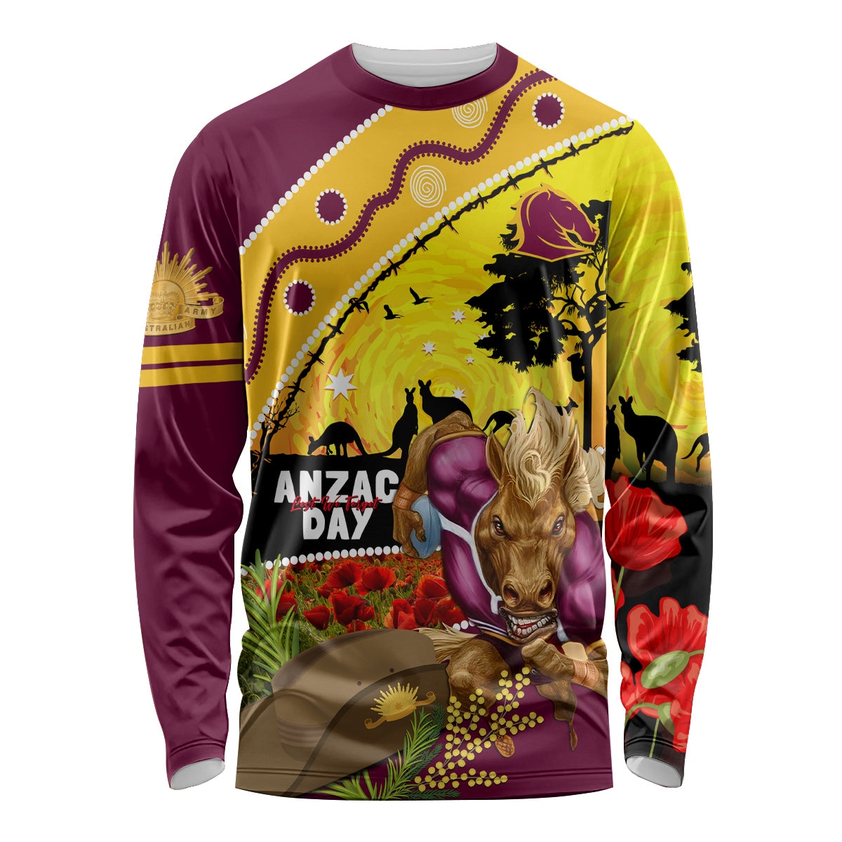 Broncos ANZAC Day Long Sleeve Shirt Mascot Rosemary Starring Night Style