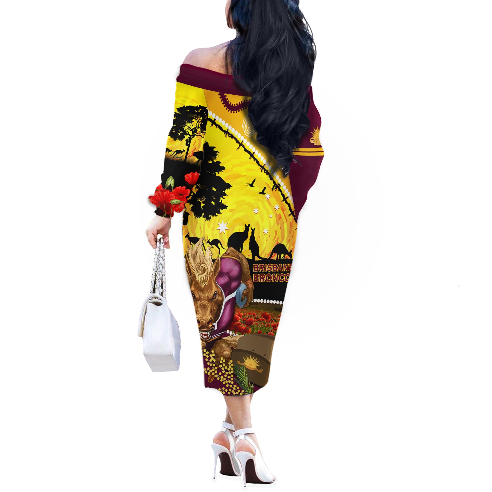 Broncos ANZAC Day Off The Shoulder Long Sleeve Dress Mascot Rosemary Starring Night Style