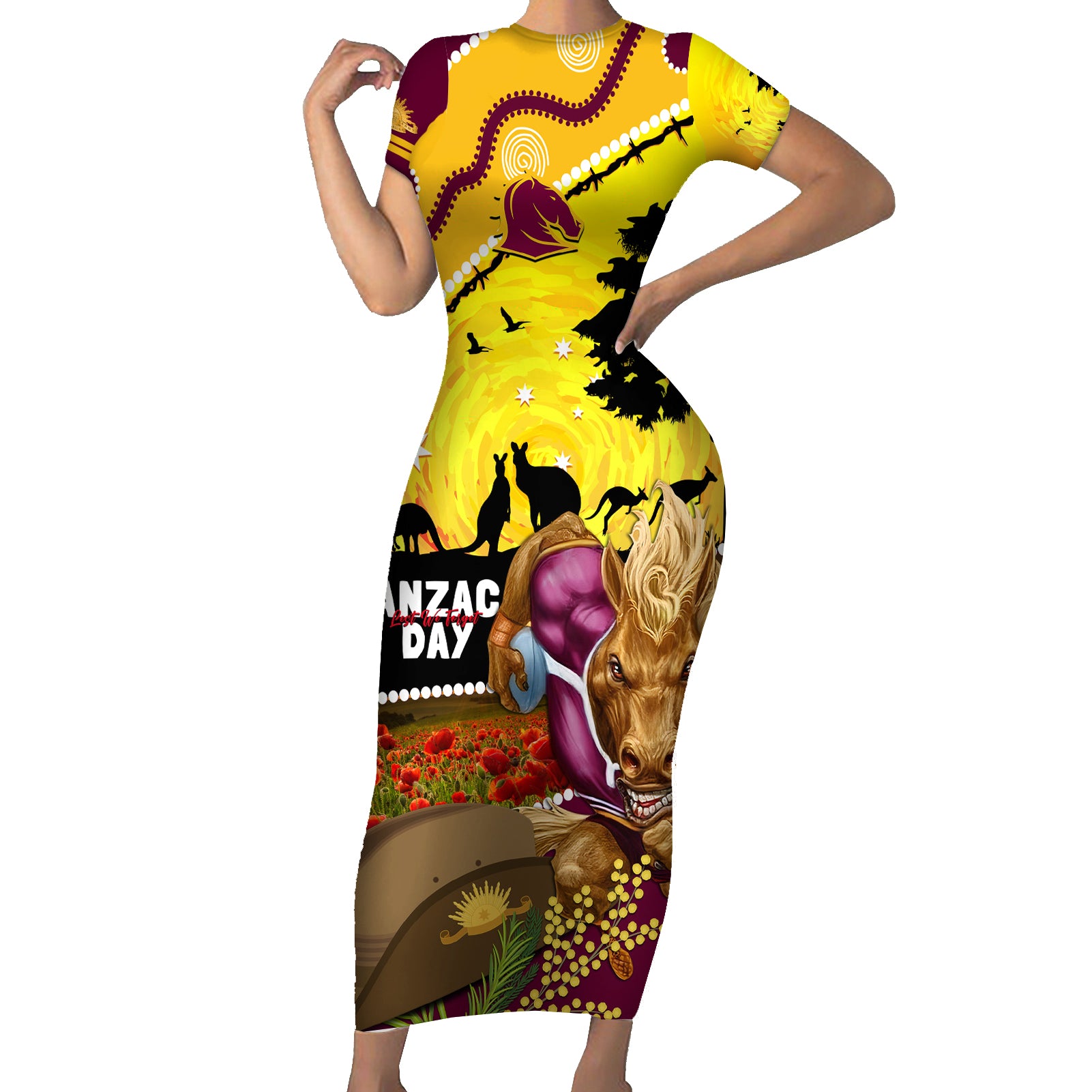 Broncos ANZAC Day Short Sleeve Bodycon Dress Mascot Rosemary Starring Night Style