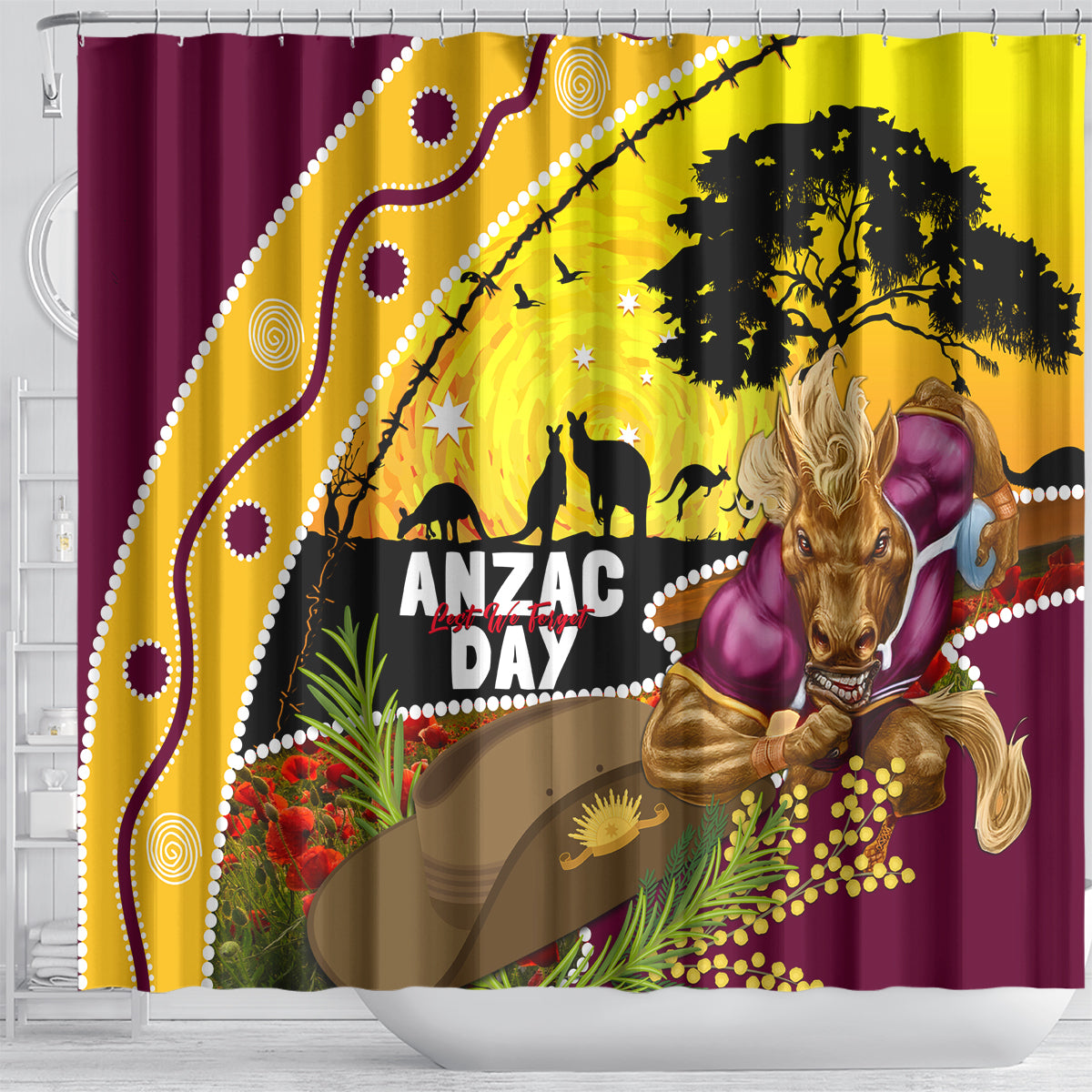 Broncos ANZAC Day Shower Curtain Mascot Rosemary Starring Night Style