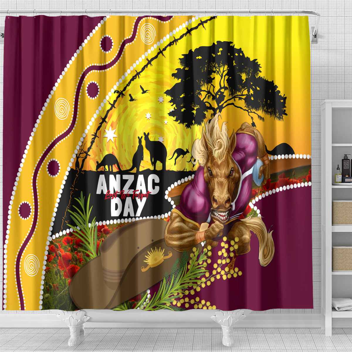Broncos ANZAC Day Shower Curtain Mascot Rosemary Starring Night Style