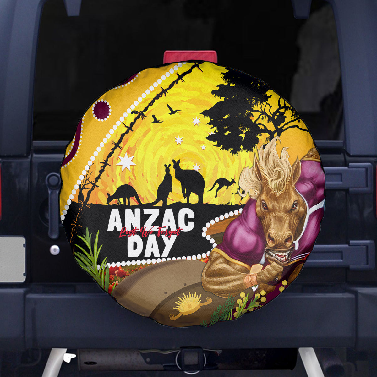 Broncos ANZAC Day Spare Tire Cover Mascot Rosemary Starring Night Style