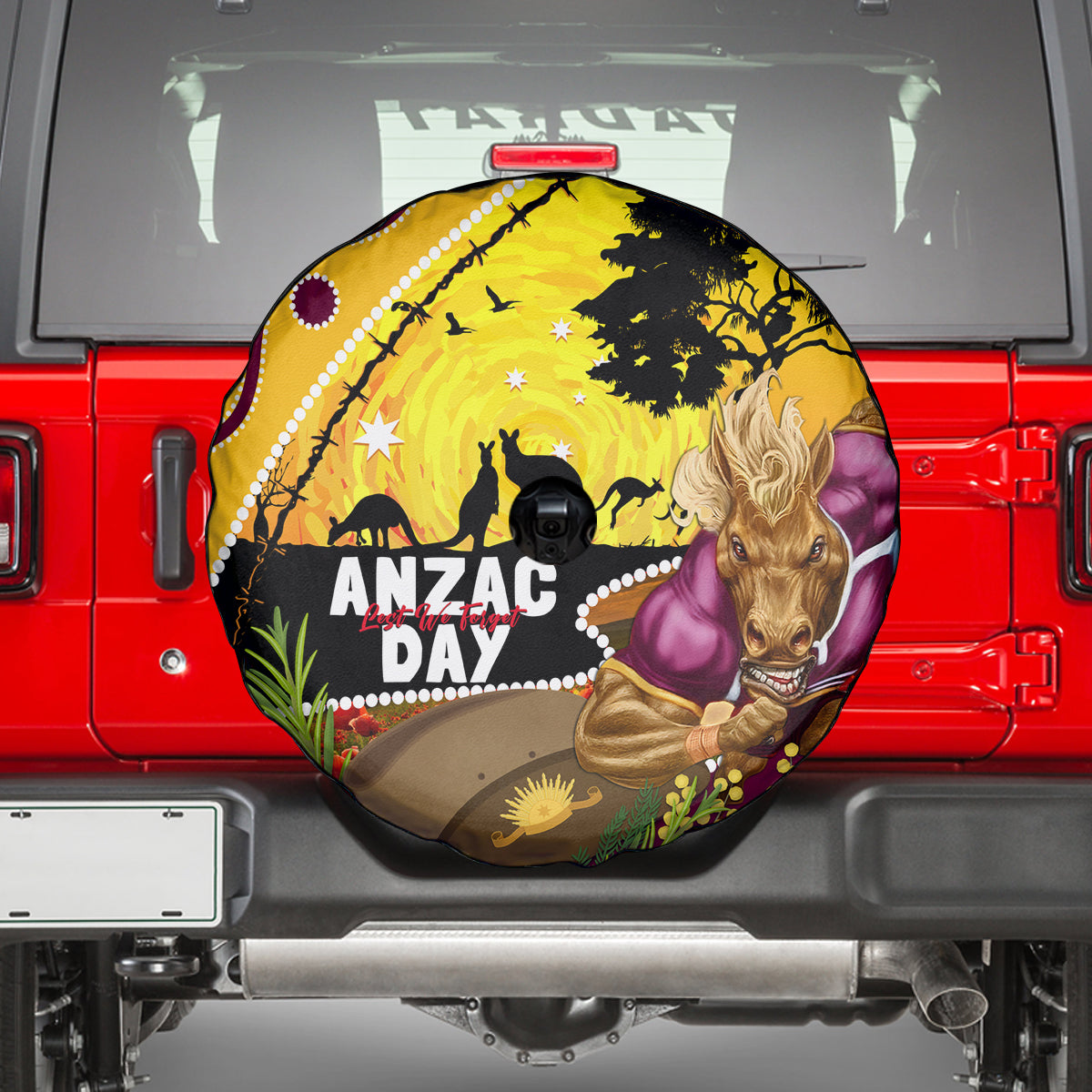 Broncos ANZAC Day Spare Tire Cover Mascot Rosemary Starring Night Style