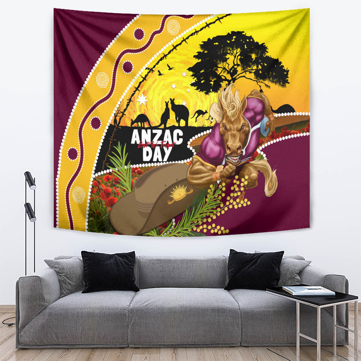 Broncos ANZAC Day Tapestry Mascot Rosemary Starring Night Style