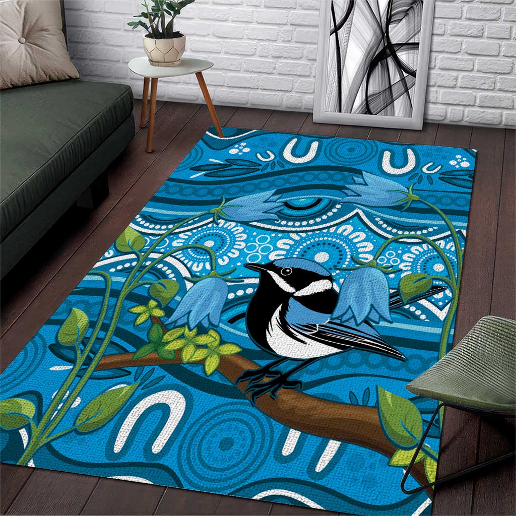 Australia Bluebell Creeper With Superb Blue Wren Area Rug Aboriginal Art