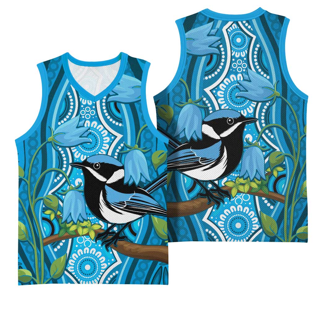 Australia Bluebell Creeper With Superb Blue Wren Basketball Jersey Aboriginal Art - Aussie Hoodie