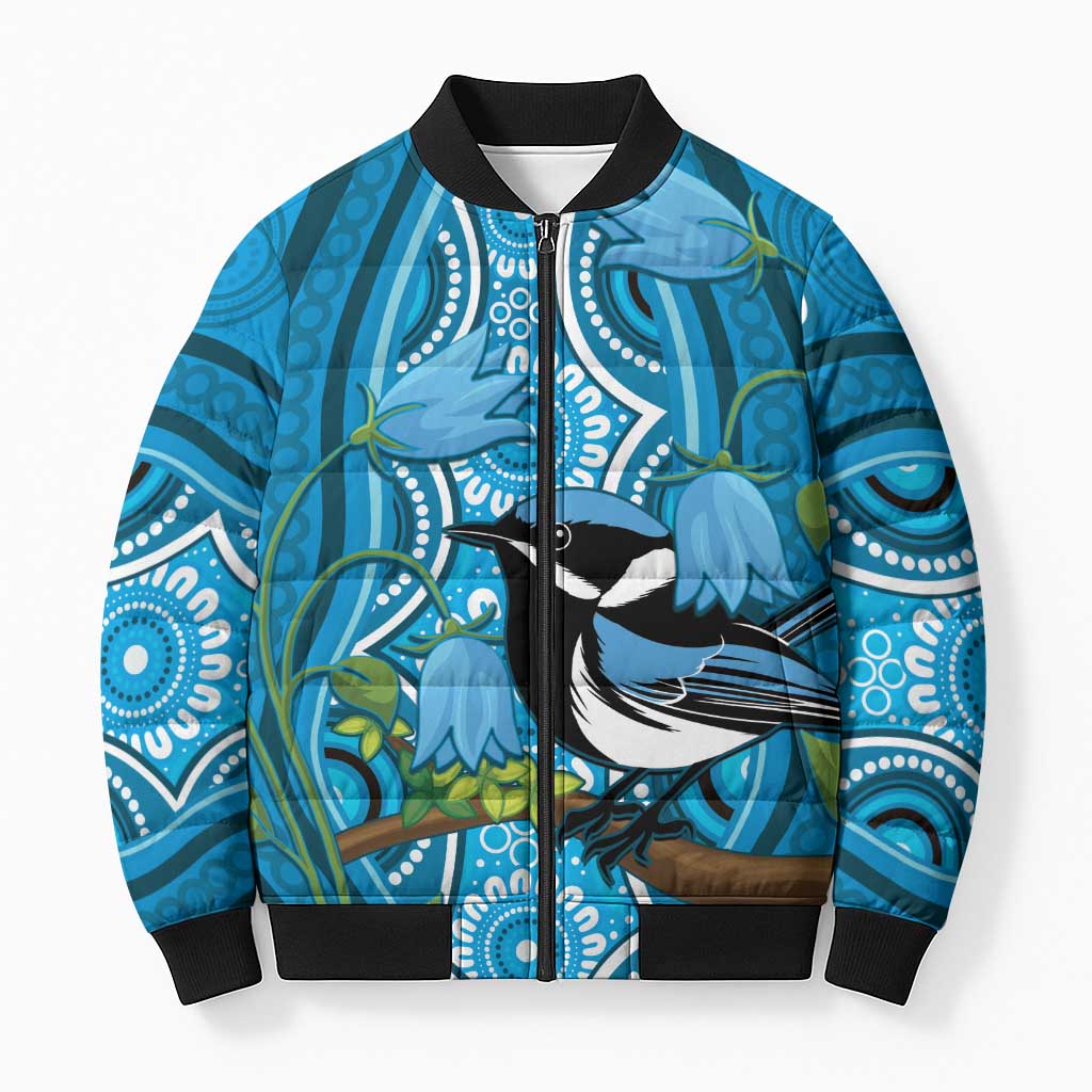 Australia Bluebell Creeper With Superb Blue Wren Bomber Puffer Jacket Aboriginal Art - Aussie Hoodie