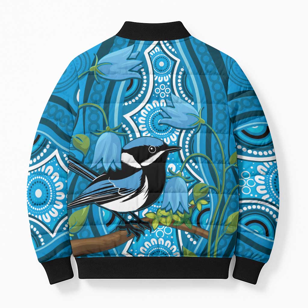 Australia Bluebell Creeper With Superb Blue Wren Bomber Puffer Jacket Aboriginal Art - Aussie Hoodie