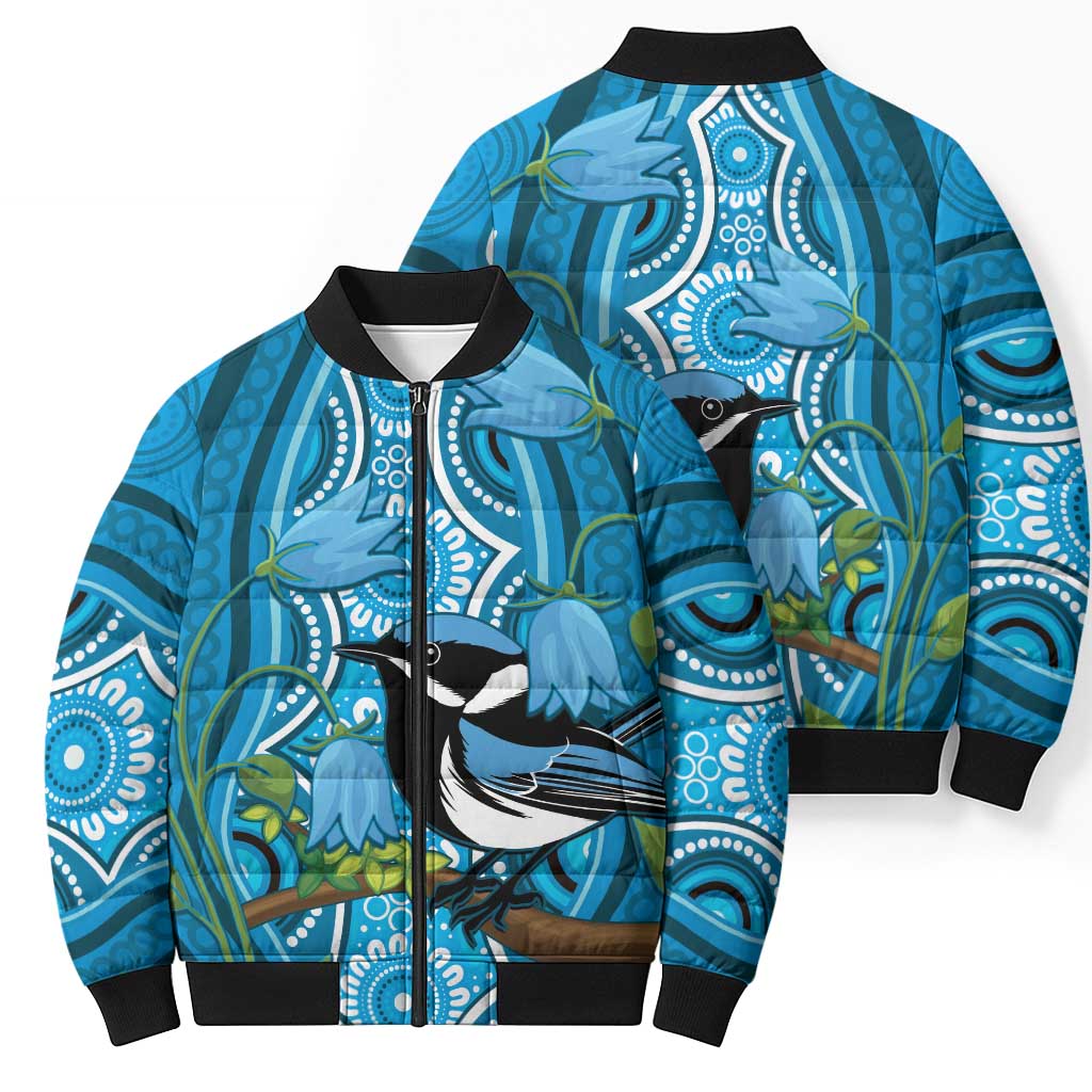 Australia Bluebell Creeper With Superb Blue Wren Bomber Puffer Jacket Aboriginal Art - Aussie Hoodie