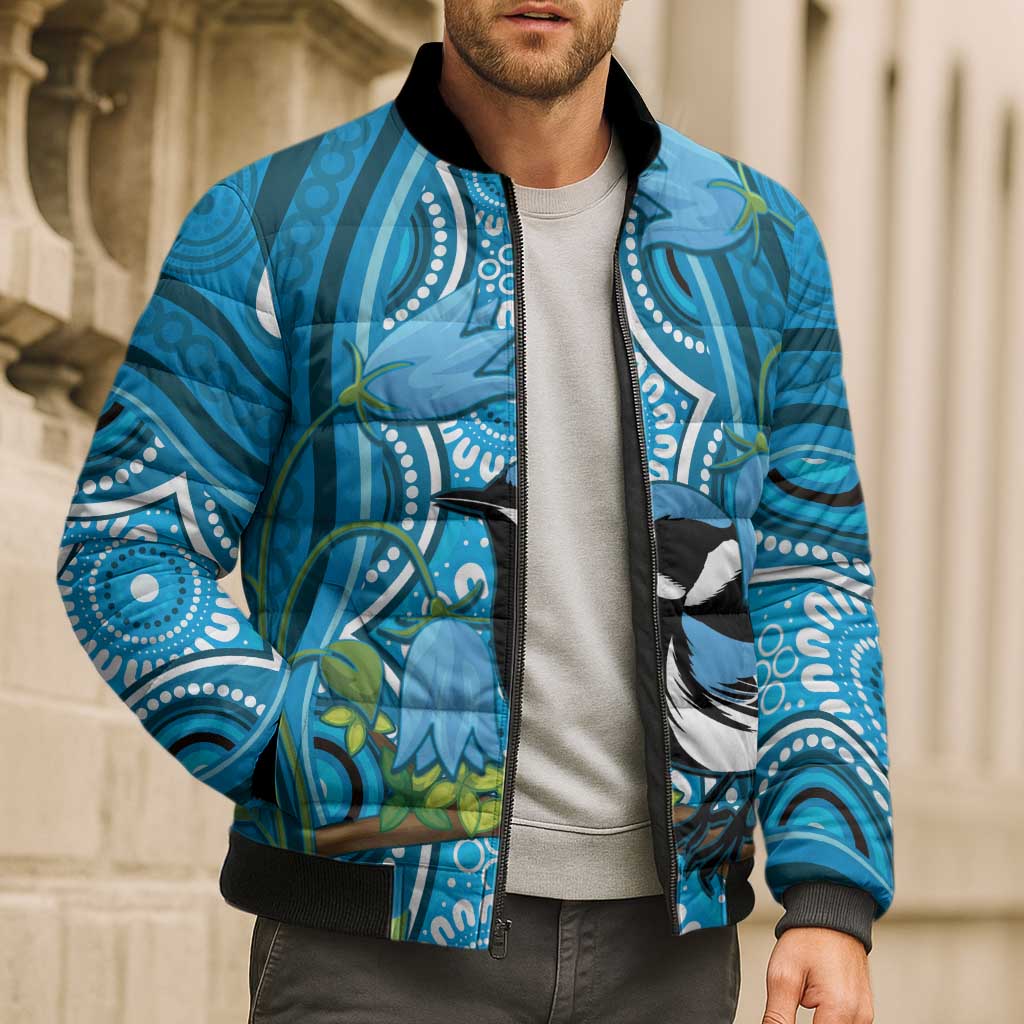 Australia Bluebell Creeper With Superb Blue Wren Bomber Puffer Jacket Aboriginal Art - Aussie Hoodie