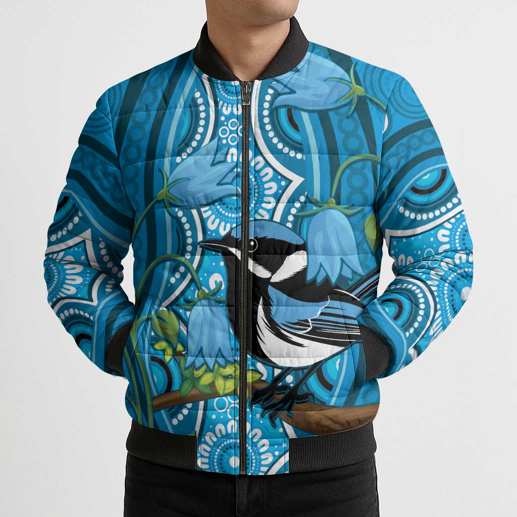 Australia Bluebell Creeper With Superb Blue Wren Bomber Puffer Jacket Aboriginal Art - Aussie Hoodie