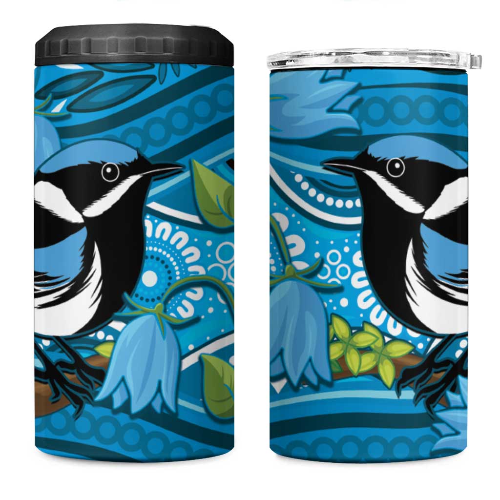 Australia Bluebell Creeper With Superb Blue Wren 4 in 1 Can Cooler Tumbler Aboriginal Art