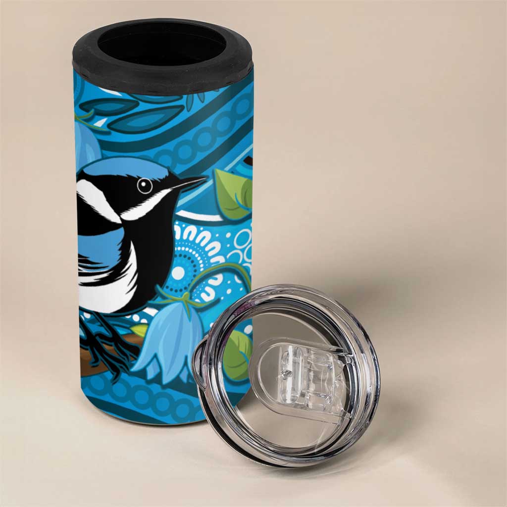 Australia Bluebell Creeper With Superb Blue Wren 4 in 1 Can Cooler Tumbler Aboriginal Art