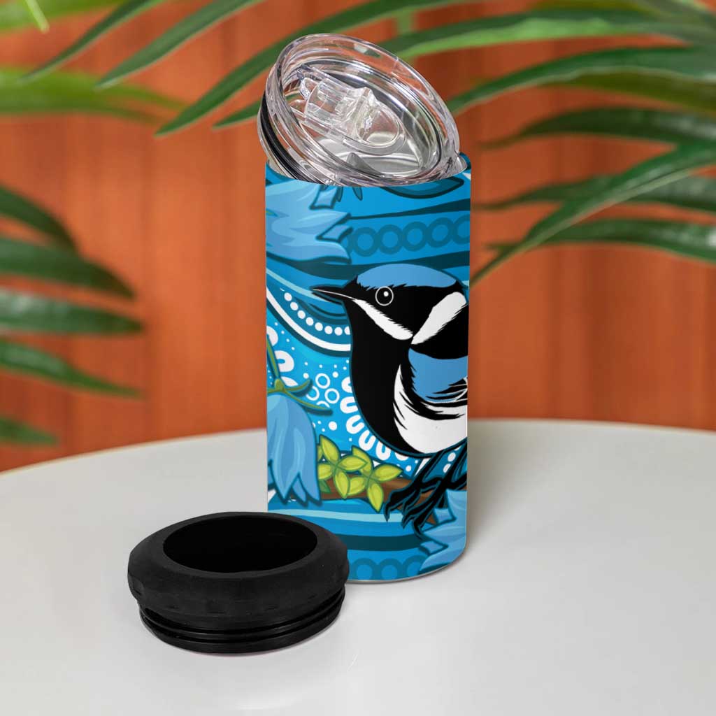 Australia Bluebell Creeper With Superb Blue Wren 4 in 1 Can Cooler Tumbler Aboriginal Art